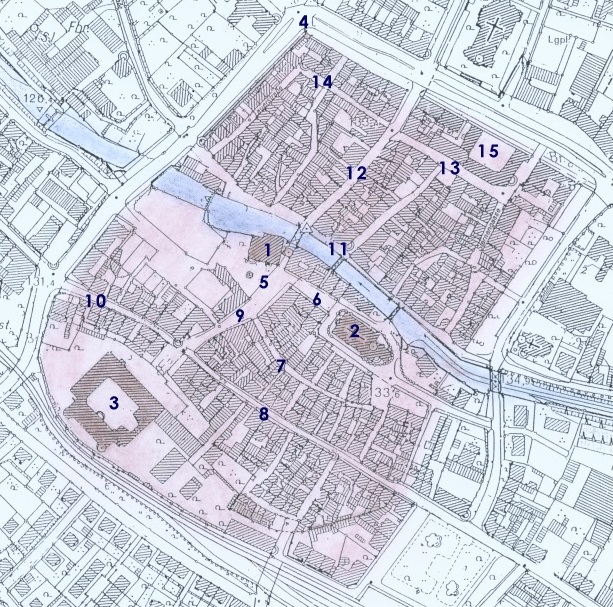 Katasterplan der Altstadt:      Rathaus, 2. Martinskirche, 3. Schloss, 4. Lauerturm, 5. Marktplatz, 6. Kirchenplatz, 7. Entengasse, 8. Leopoldstraße, 9. Marktstraße, 10. Badener-Tor-Straße, 11. Albstraße, 12. Kronenstraße, 13. Seminarstraße, 14. Lauergasse, 15. Finanzamt